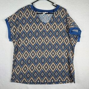 Grace & Emma M Boho Aztec Geometric Diamond Print Blouse Shirt Casual Top Blue